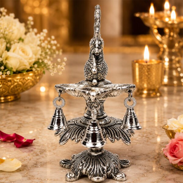 Premium Peacock Three-Wick Aarti Diya with Hanging Bells | Silver Finish Metal Pooja Lamp for Home Temple