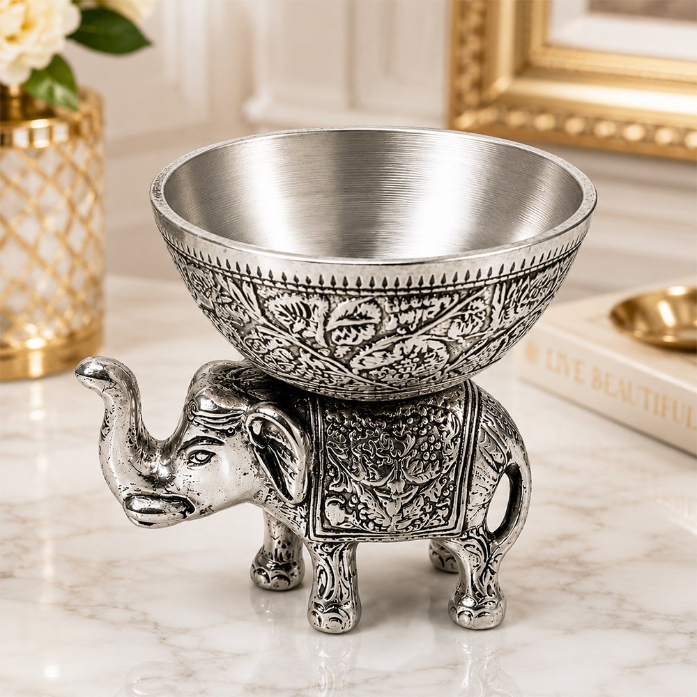 Handcrafted Silver Finish Elephant Urli Bowl for Floating Candles, Flowers & Home Decor