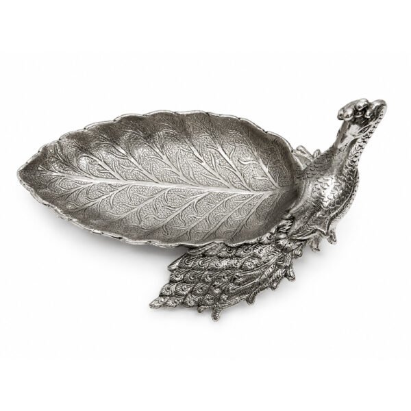 Handcrafted Silver Finish Peacock Leaf Decorative Tray – Premium Metal Serving & Dry Fruit Platter for Home Decor