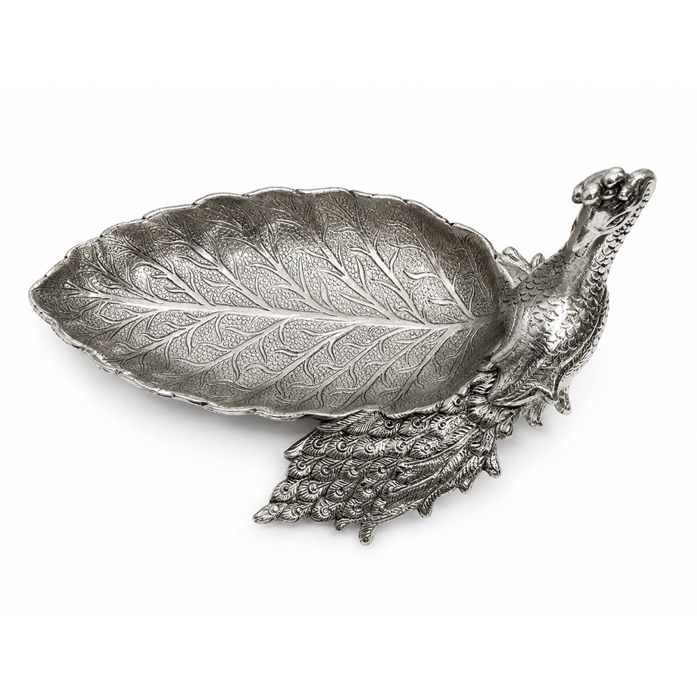 Handcrafted Silver Finish Peacock Leaf Decorative Tray – Premium Metal Serving & Dry Fruit Platter for Home Decor