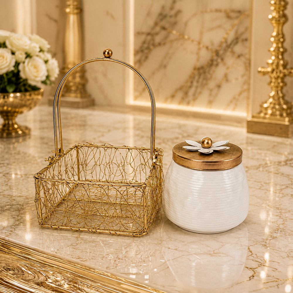Luxury Decorative Storage Jar with Gold Metal Basket | Elegant Kitchen & Tabletop Organizer