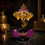 Handcrafted Lord Ganesha Hand-Painted Metal Diya Stand – Decorative Pooja Oil Lamp Holder