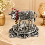 Kamdhenu Cow with Calf Idol | Silver Finish Metal Gau Mata Statue for Home Temple & Pooja