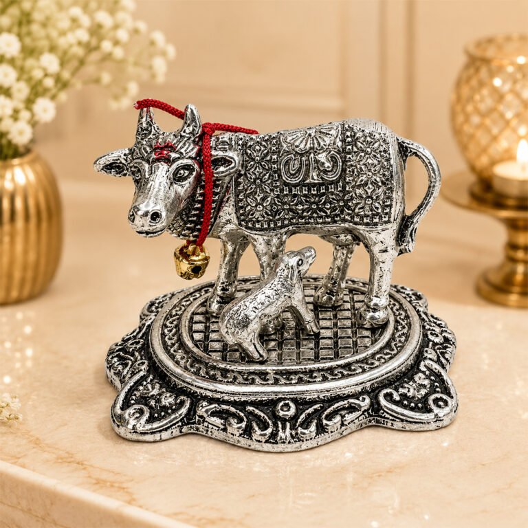 Kamdhenu Cow with Calf Idol | Silver Finish Metal Gau Mata Statue for Home Temple & Pooja