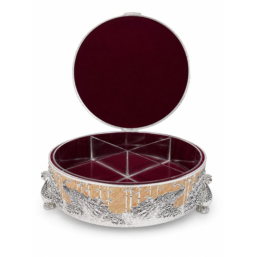 Premium Peacock Design Dry Fruit Box with 4 Compartments – Decorative Silver Plated Serving & Gift Box