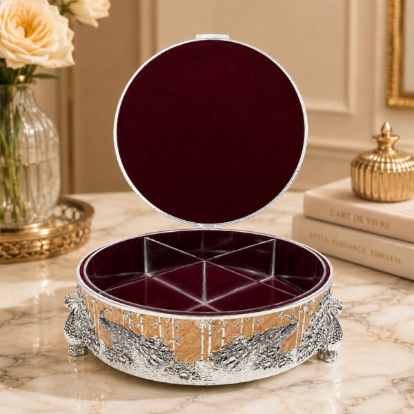 Premium Peacock Design Dry Fruit Box with 4 Compartments – Decorative Silver Plated Serving & Gift Box
