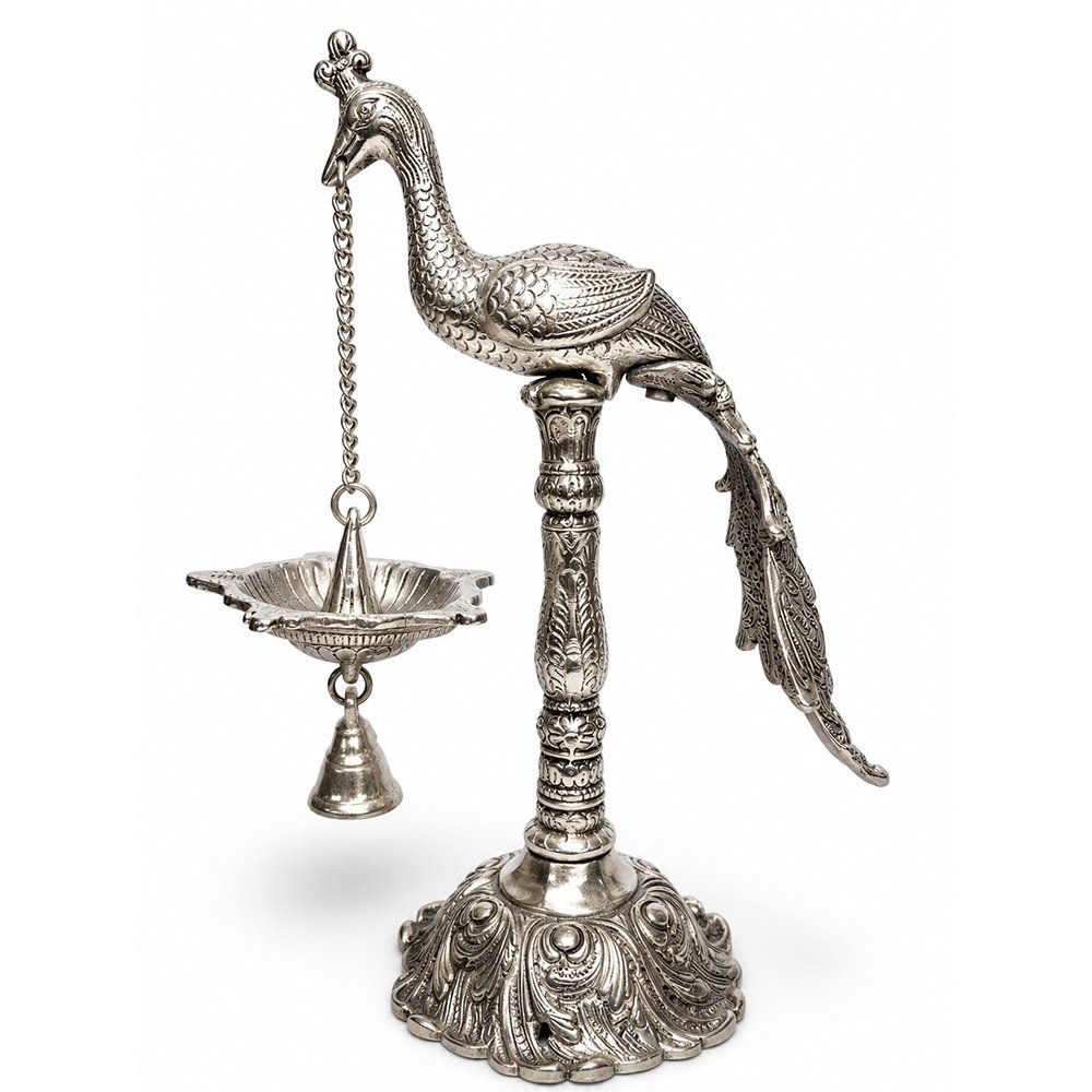 Handcrafted Silver Finish Peacock Hanging Diya with Bell – Decorative Oil Lamp for Pooja & Home Temple