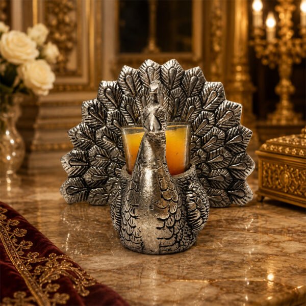 Premium Silver Plated Peacock Tealight Candle Holder | Decorative Devotional Candle Stand for Home Temple & Living Room