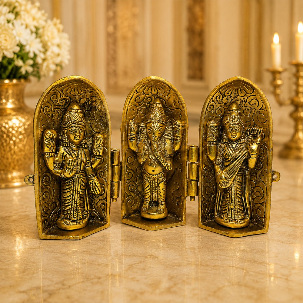 Brass Lakshmi Ganesha Saraswati Foldable Temple Idol for Home & Office