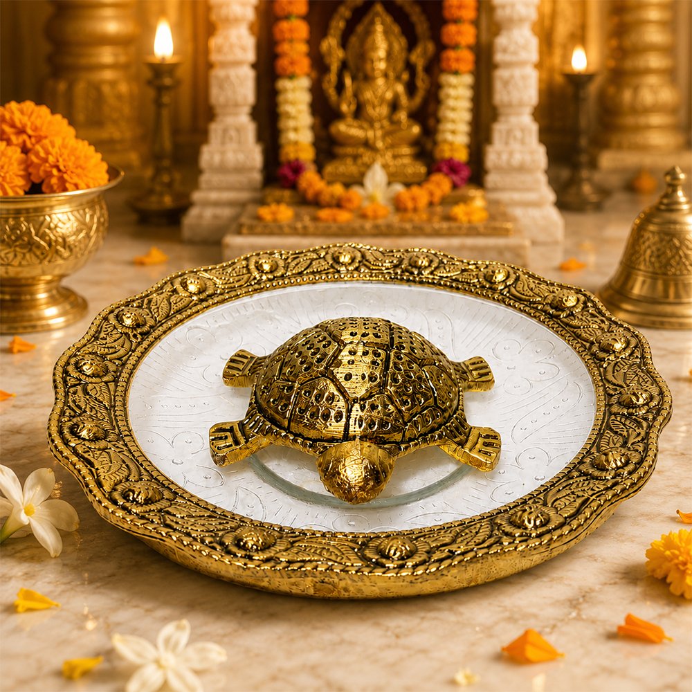 Premium Decorative Turtle Urli Bowl with Glass Plate – Vastu Feng Shui Tortoise for Home Decor