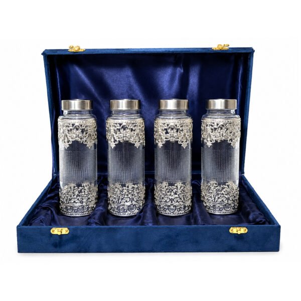 Premium Silver Embossed Glass Storage Jar Set of 4 with Luxury Velvet Gift Box – Kitchen & Dry Fruit Container Set