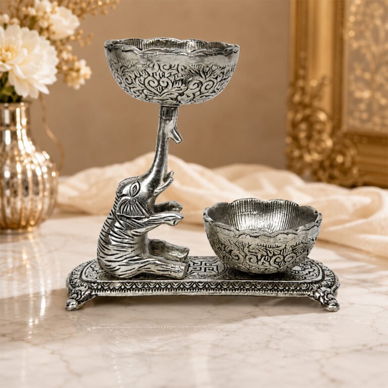 Premium Elephant Dry Fruit & Mukhwas Serving Bowl Set with Dual Bowls – Silver Plated Decorative Snack Server