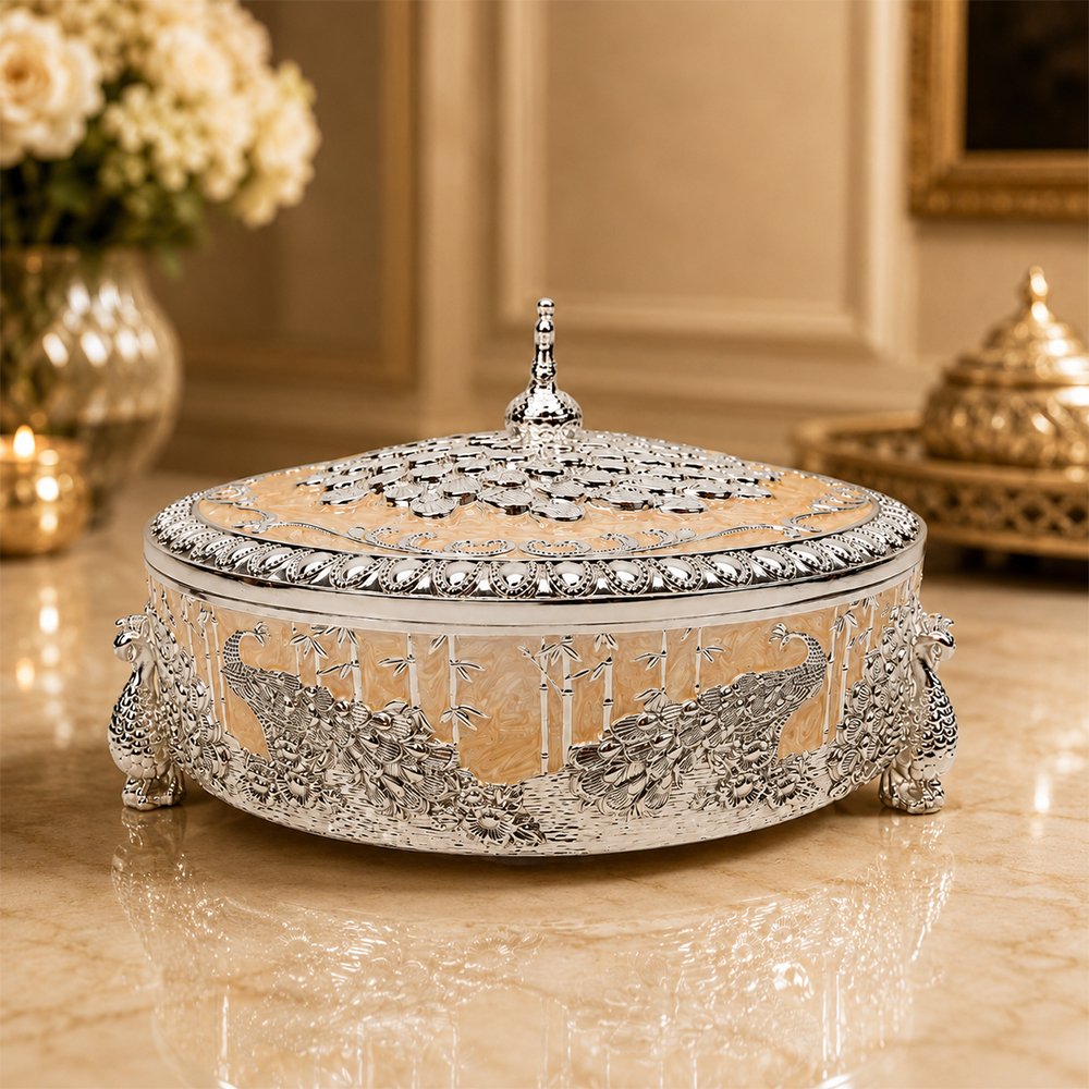 Premium Peacock Design Dry Fruit Box with 4 Compartments – Decorative Silver Plated Serving & Gift Box