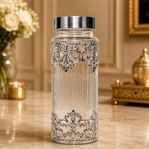 Premium Silver Embossed Glass Storage Jar Set of 4 with Luxury Velvet Gift Box – Kitchen & Dry Fruit Container Set