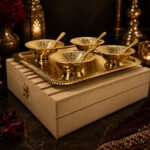 Premium Gold Plated Dry Fruit Serving Set with Tray & 4 Bowls with Spoons in Wooden Gift Box
