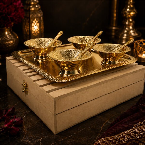 Premium Gold Plated Dry Fruit Serving Set with Tray & 4 Bowls with Spoons in Wooden Gift Box