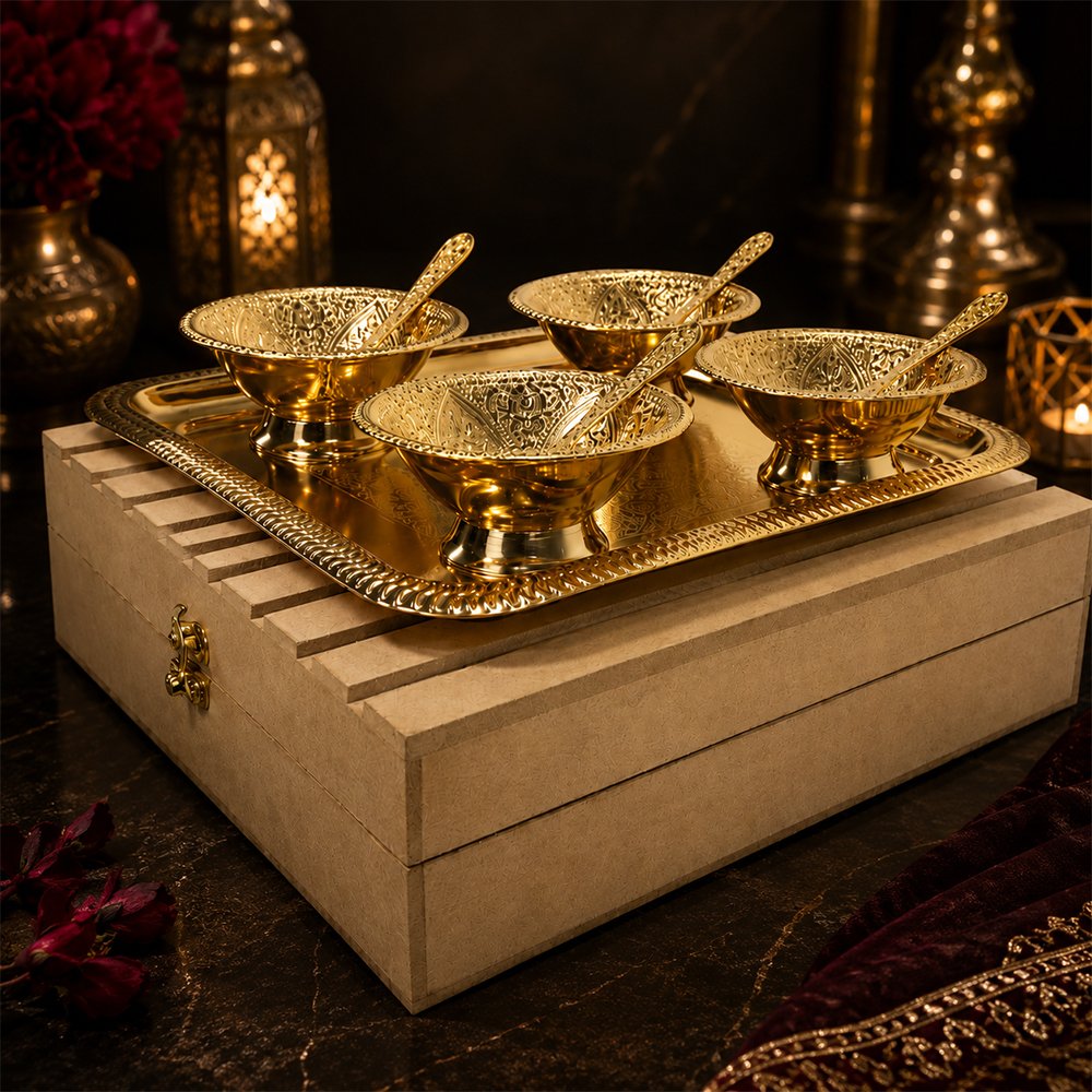 Premium Gold Plated Dry Fruit Serving Set with Tray & 4 Bowls with Spoons in Wooden Gift Box