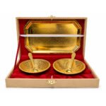 Gold Plated Prasadi Bhog Thali Set with 2 Bowls, Spoons & Serving Tray in Premium Gift Box