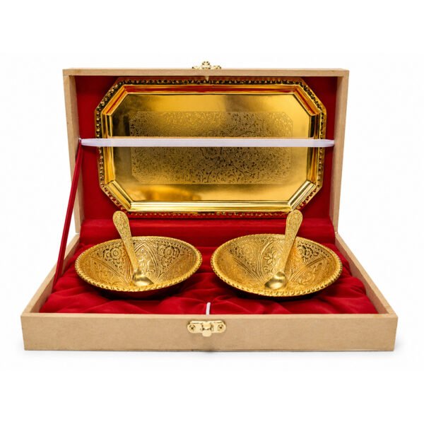 Gold Plated Prasadi Bhog Thali Set with 2 Bowls, Spoons & Serving Tray in Premium Gift Box