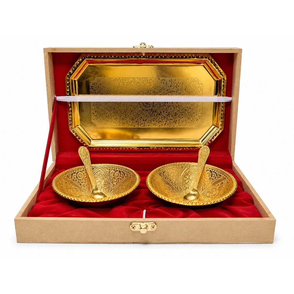 Gold Plated Prasadi Bhog Thali Set with 2 Bowls, Spoons & Serving Tray in Premium Gift Box