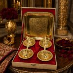 Premium Gold Plated Dry Fruit Serving Set with Tray & 4 Bowls with Spoons in Wooden Gift Box