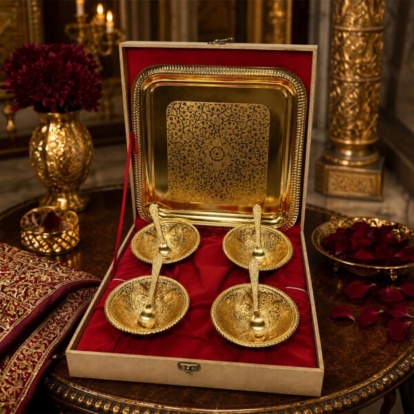 Premium Gold Plated Dry Fruit Serving Set with Tray & 4 Bowls with Spoons in Wooden Gift Box