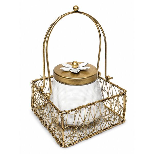 Luxury Decorative Storage Jar with Gold Metal Basket | Elegant Kitchen & Tabletop Organizer