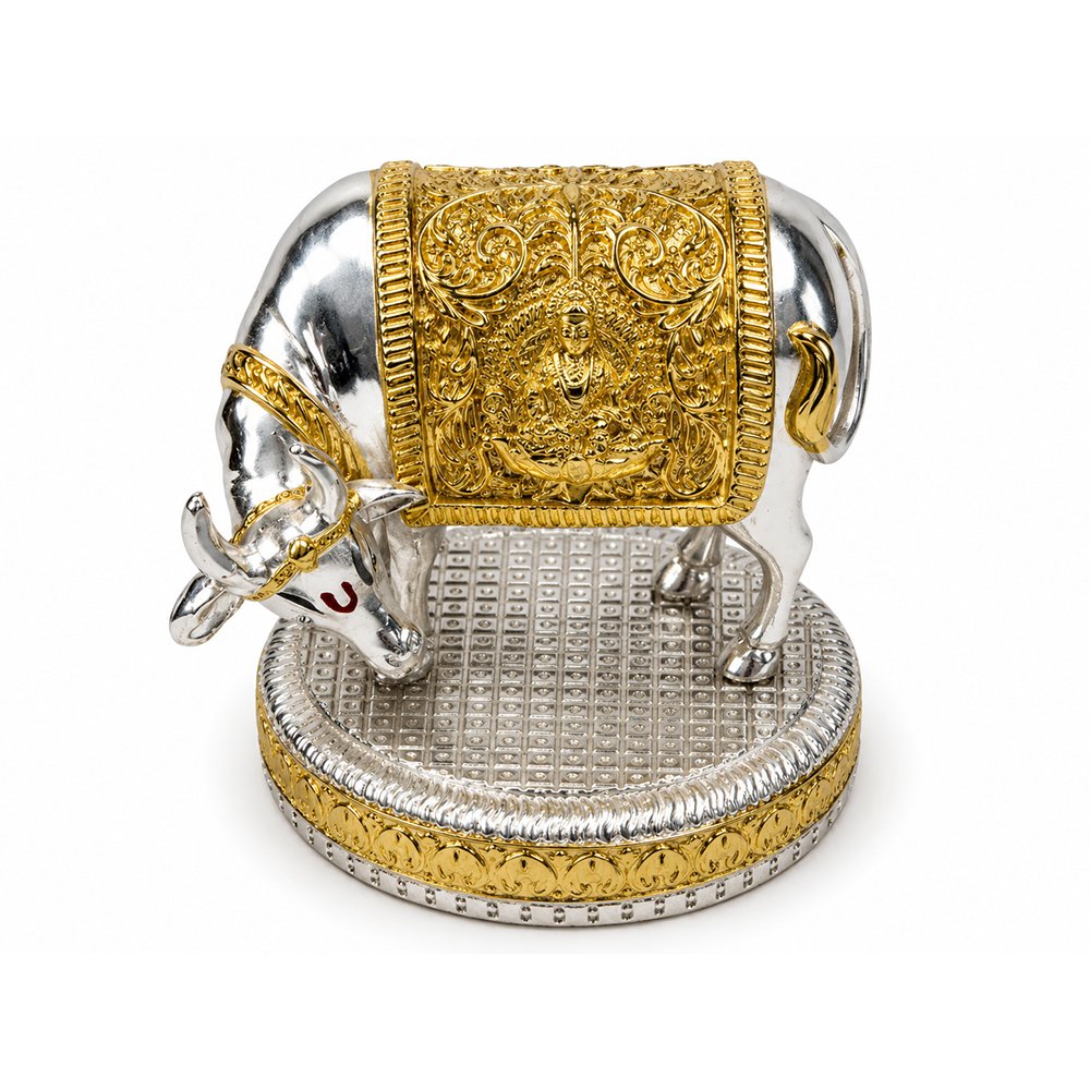 Premium Silver & Gold Kamdhenu Cow Statue with Goddess Lakshmi | Vastu & Home Temple Decor