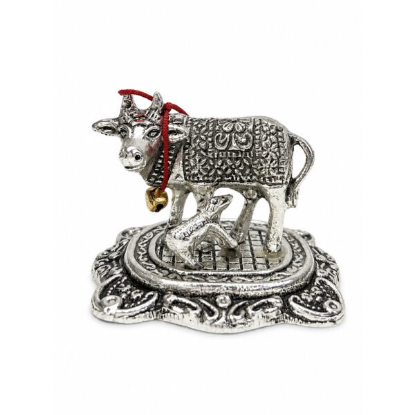Kamdhenu Cow with Calf Idol | Silver Finish Metal Gau Mata Statue for Home Temple & Pooja