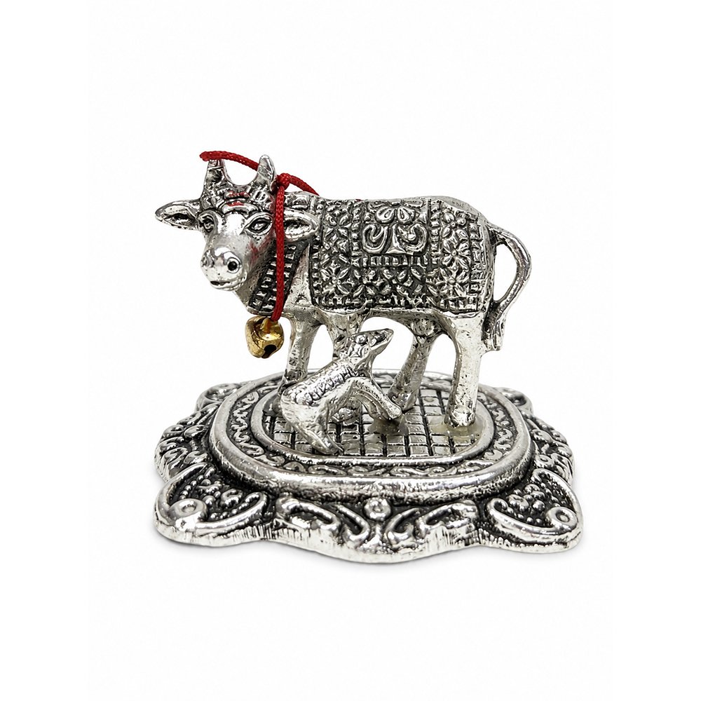 Kamdhenu Cow with Calf Idol | Silver Finish Metal Gau Mata Statue for Home Temple & Pooja
