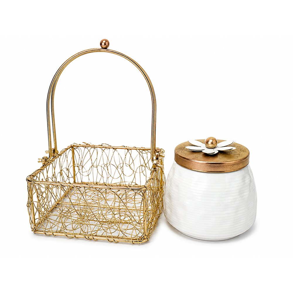 Luxury Decorative Storage Jar with Gold Metal Basket | Elegant Kitchen & Tabletop Organizer