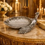 Handcrafted Silver Finish Peacock Leaf Decorative Tray – Premium Metal Serving & Dry Fruit Platter for Home Decor