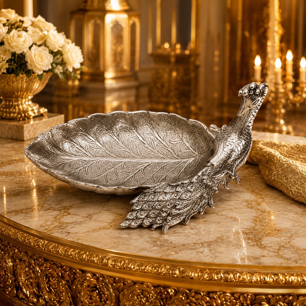 Handcrafted Silver Finish Peacock Leaf Decorative Tray – Premium Metal Serving & Dry Fruit Platter for Home Decor