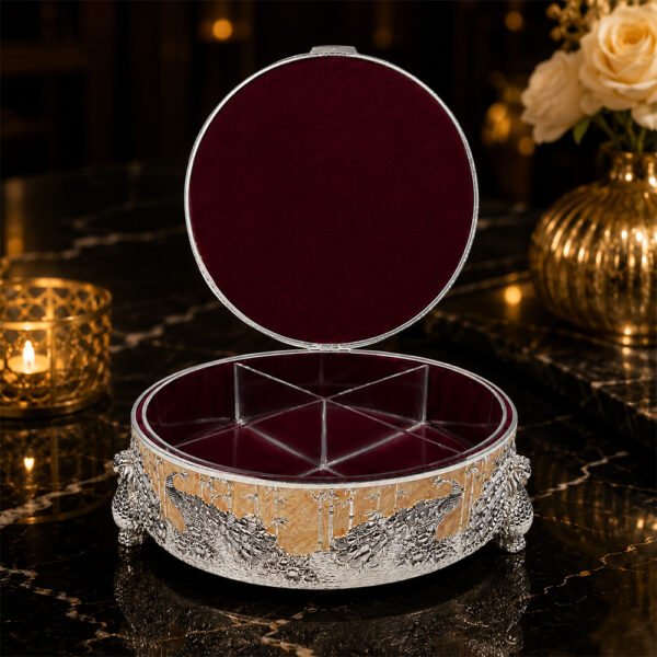 Premium Peacock Design Dry Fruit Box with 4 Compartments – Decorative Silver Plated Serving & Gift Box