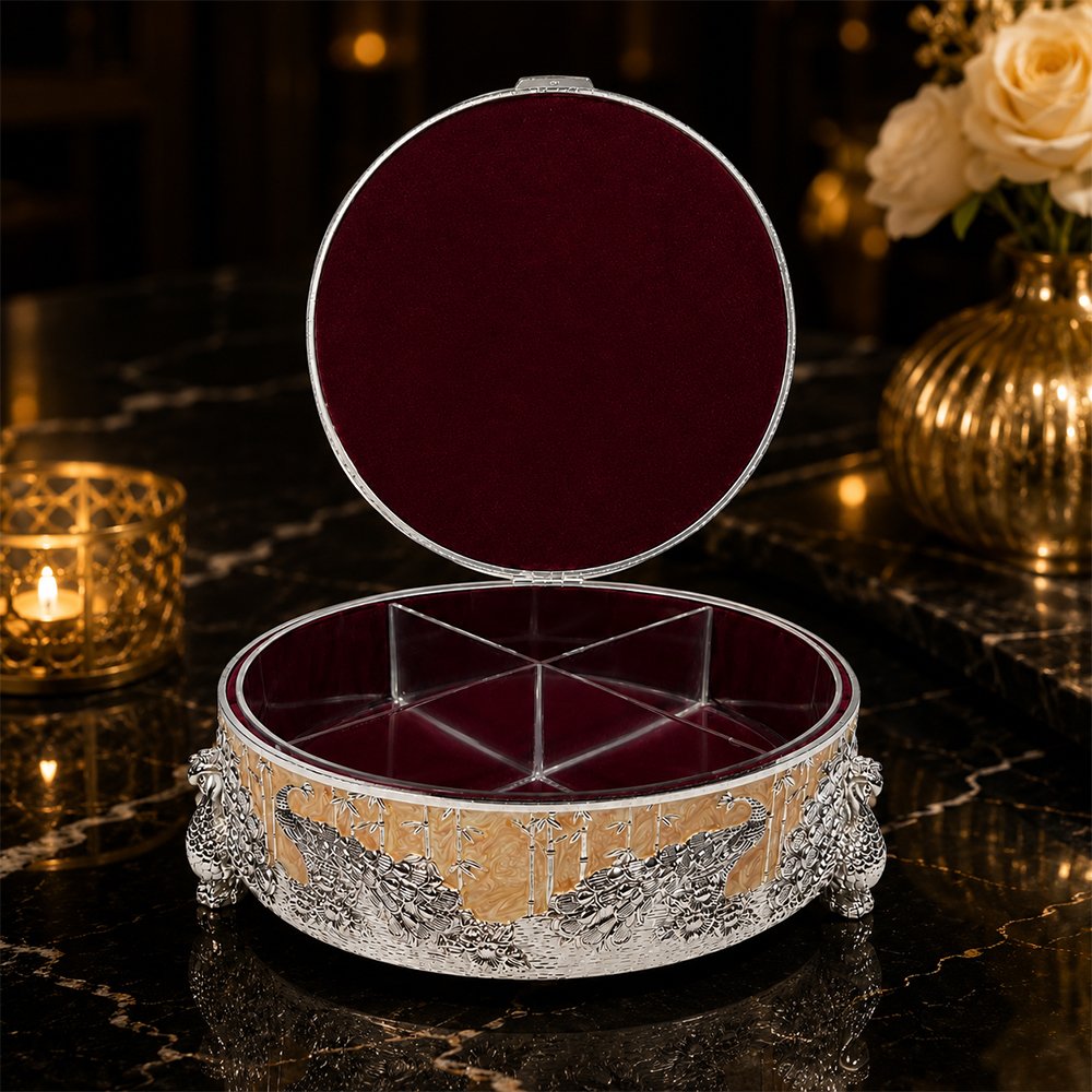 Premium Peacock Design Dry Fruit Box with 4 Compartments – Decorative Silver Plated Serving & Gift Box