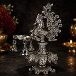 Premium Peacock Three-Wick Aarti Diya with Hanging Bells | Silver Finish Metal Pooja Lamp for Home Temple