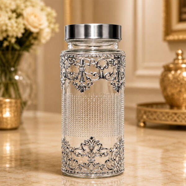 Premium Silver Embossed Glass Storage Jar Set of 4 with Luxury Velvet Gift Box – Kitchen & Dry Fruit Container Set