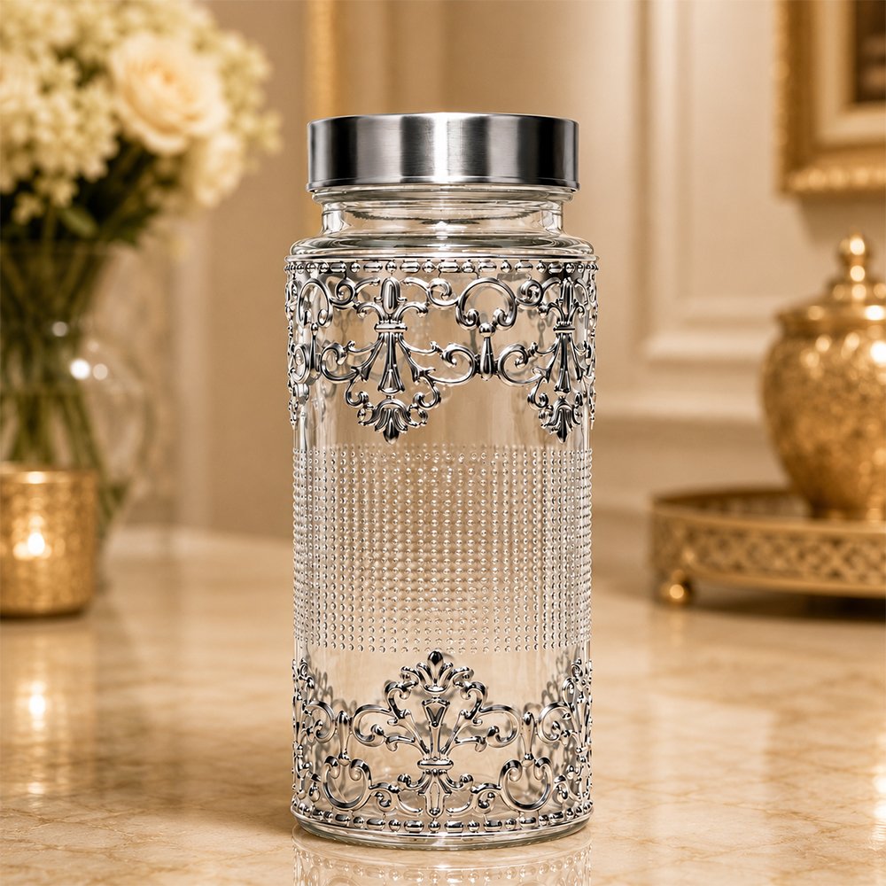 Premium Silver Embossed Glass Storage Jar Set of 4 with Luxury Velvet Gift Box – Kitchen & Dry Fruit Container Set