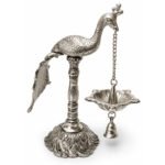 Handcrafted Silver Finish Peacock Hanging Diya with Bell – Decorative Oil Lamp for Pooja & Home Temple