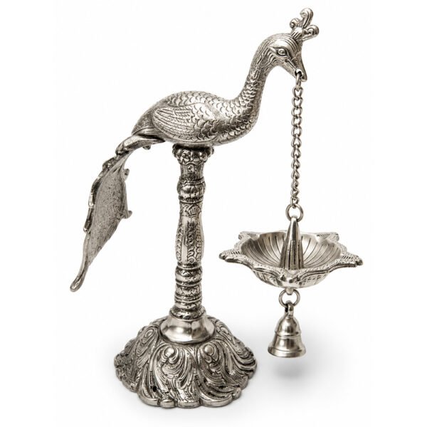 Handcrafted Silver Finish Peacock Hanging Diya with Bell – Decorative Oil Lamp for Pooja & Home Temple