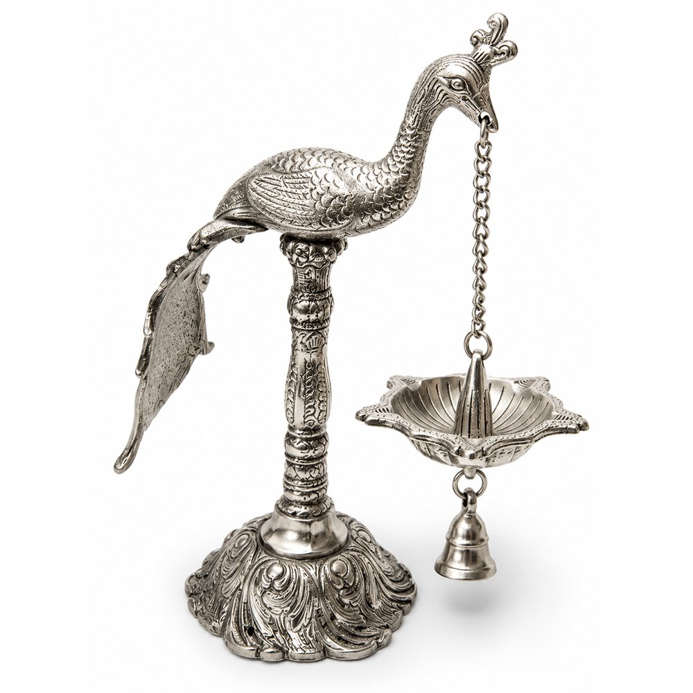 Handcrafted Silver Finish Peacock Hanging Diya with Bell – Decorative Oil Lamp for Pooja & Home Temple