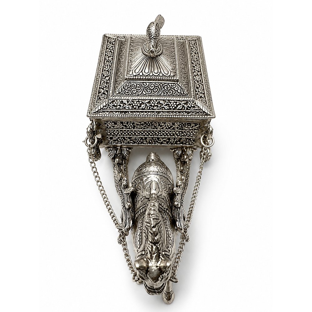 Handcrafted Silver Finish Horse Cart Dry Fruit Box with Peacock Lid – Decorative Serving & Gift Box