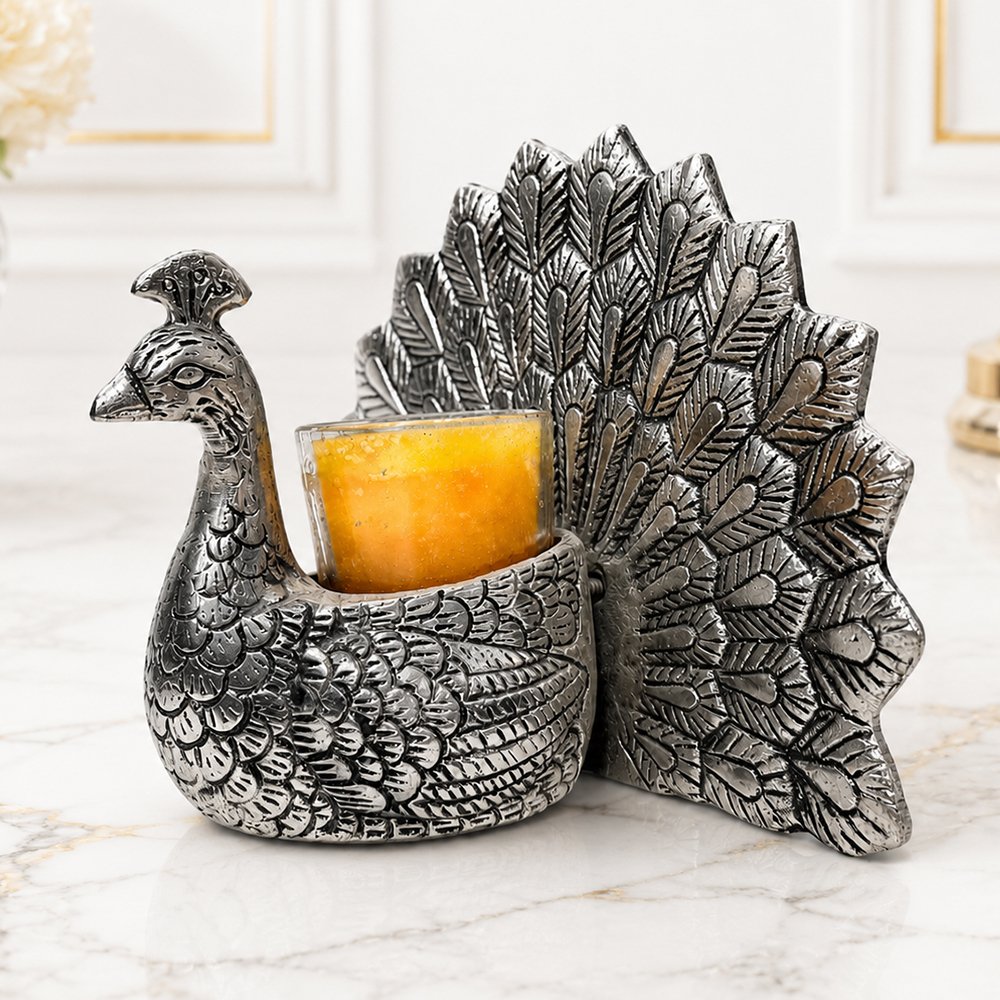 Premium Silver Plated Peacock Tealight Candle Holder | Decorative Devotional Candle Stand for Home Temple & Living Room