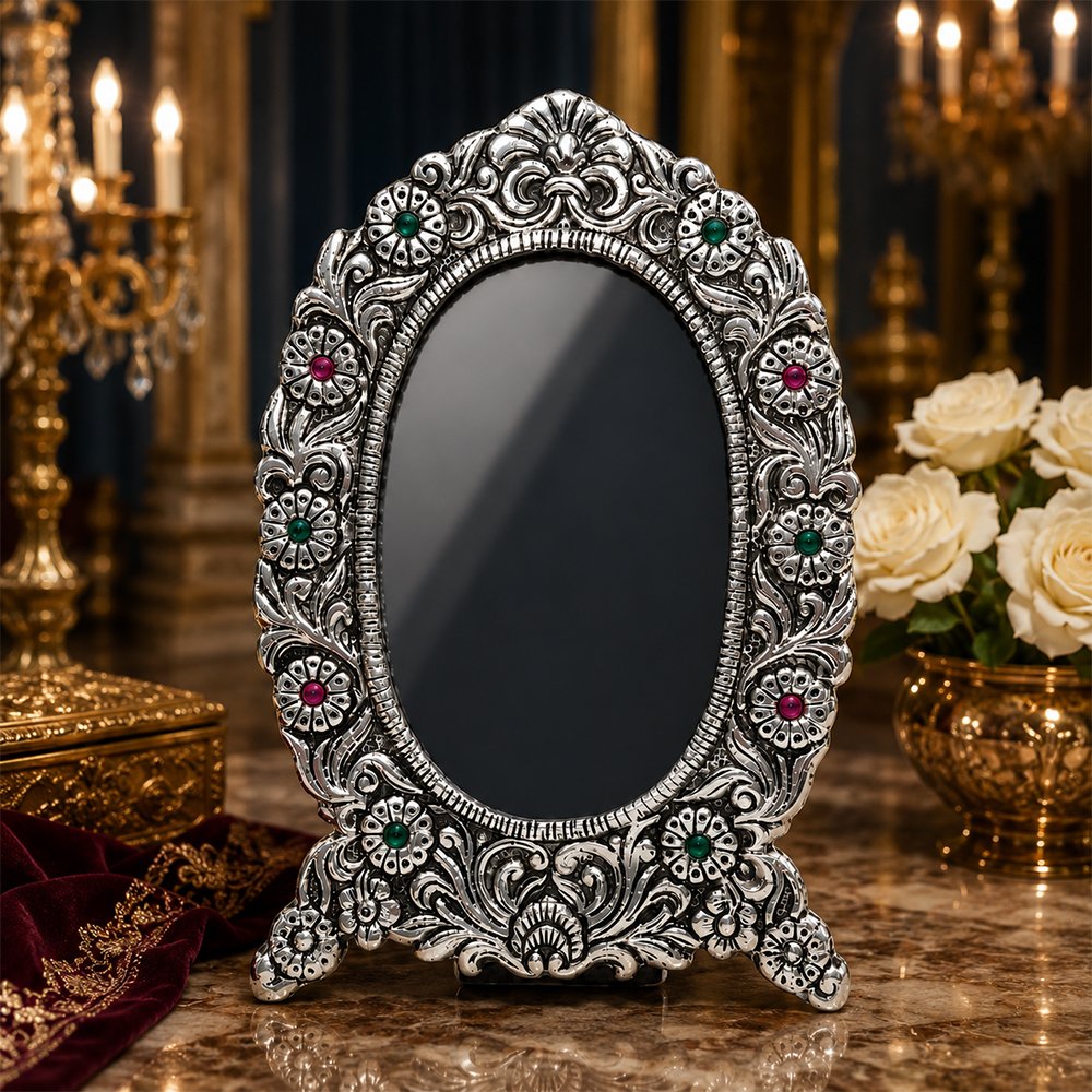Premium Silver Plated Decorative Shringar Mirror for Thakur Ji & Dressing Table | Handcrafted Oval Makeup Mirror