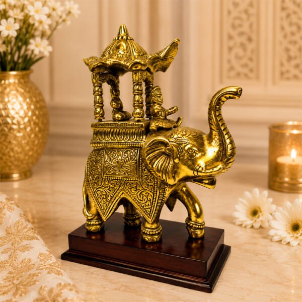Royal Brass Ambari Elephant Statue with Divine Canopy on Wooden Base | Luxury Vastu Home Decor