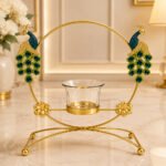Royal Peacock Metal Tealight Candle Holder with Glass Cup – Decorative Table Centerpiece for Home & Festive Décor