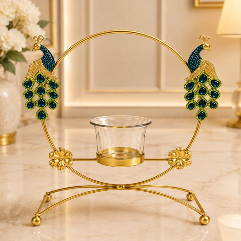 Royal Peacock Metal Tealight Candle Holder with Glass Cup – Decorative Table Centerpiece for Home & Festive Décor
