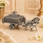 Handcrafted Silver Finish Horse Cart Dry Fruit Box with Peacock Lid – Decorative Serving & Gift Box
