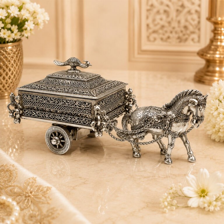 Handcrafted Silver Finish Horse Cart Dry Fruit Box with Peacock Lid – Decorative Serving & Gift Box