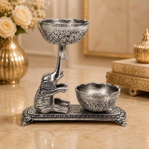 Premium Elephant Dry Fruit & Mukhwas Serving Bowl Set with Dual Bowls – Silver Plated Decorative Snack Server